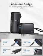1 Pack Portable Charger with Built-in USB-C Cable & Plug, 10,000mAh 5V/4.5A Power Bank Fast Charging 22.5W, Travel Essential Battery Pack 3 Output for iPhone 16/15 Series, Samsung Galaxy, iPad