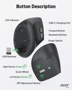 acer Ergonomic Mouse Wireless, Adjustable DPI Vertical Mouse 1000/1200/1600 with 6 Buttons, Rechargeable Ergo Mice with 2.4GHz USB Receiver for Computer, Laptop, PC, iMac and Desktop