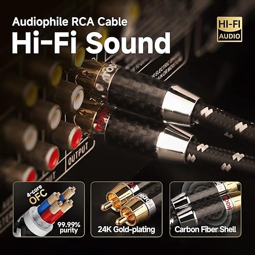 TODN HiFi RCA Audio Cables for Audiophile Shielded RCA Male to Male Cable for Subwoofers, Amp, Home Stereo (4.9ft/1.5m, 1 Pair)