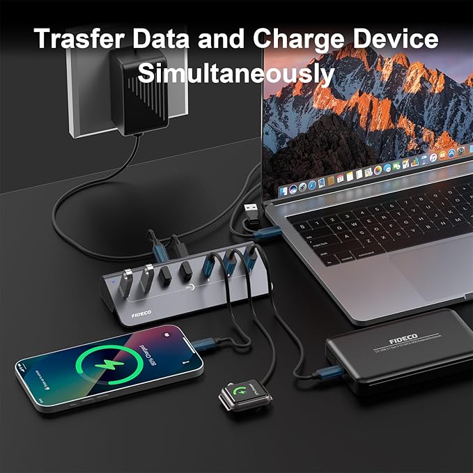 FIDECO Powered USB Hub, 7 Port 10Gbps Fast Data Hub for iPhone 16/15 and Laptop, Full Aluminum USB Splitter with 5V 3A Power Adapter, 4 USB A and 3 USB C Ports, Support BC1.2 Charging, Grey
