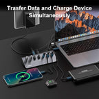 FIDECO Powered USB Hub, 7 Port 10Gbps Fast Data Hub for iPhone 16/15 and Laptop, Full Aluminum USB Splitter with 5V 3A Power Adapter, 4 USB A and 3 USB C Ports, Support BC1.2 Charging, Grey