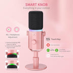 FEELWORLD PM1 XLR USB Dynamic Microphone with Desktop Stand Gifts for Podcast Recording PC Computer Gaming Streaming Vocal Voice-Over, Studio Metal Mic, RGB Light, Mute Button, Headphones Jack (Pink)
