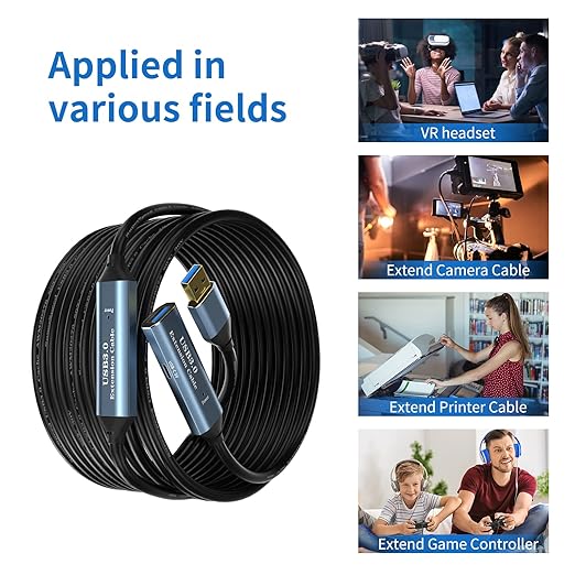USB 3.0 Extension Cable 33FT Type A Male to Female Active Extender Cord with 2 Extension Chipsets Signal Booster and 1 USB-C Charging Port, for Webcam, USB Hub, PlayStation, Printer, Camera