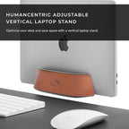 HumanCentric Vertical Laptop Stand in Vegan Cognac Leather, Upright Adjustable Holder and Dock, Laptop Vertical Stand Fits MacBook Pro and Other Laptops .5" to 1.5", Clamshell Compatible