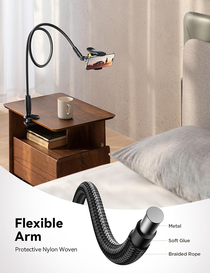 JOYROOM Gooseneck Phone Holder for Bed, [Upgrade Safety Lock] Flexible Long Arm Phone Stand, 720° Adjustable Desk Clamp Clip Phone Mount for iPhone 16 & All 4-7" Devices