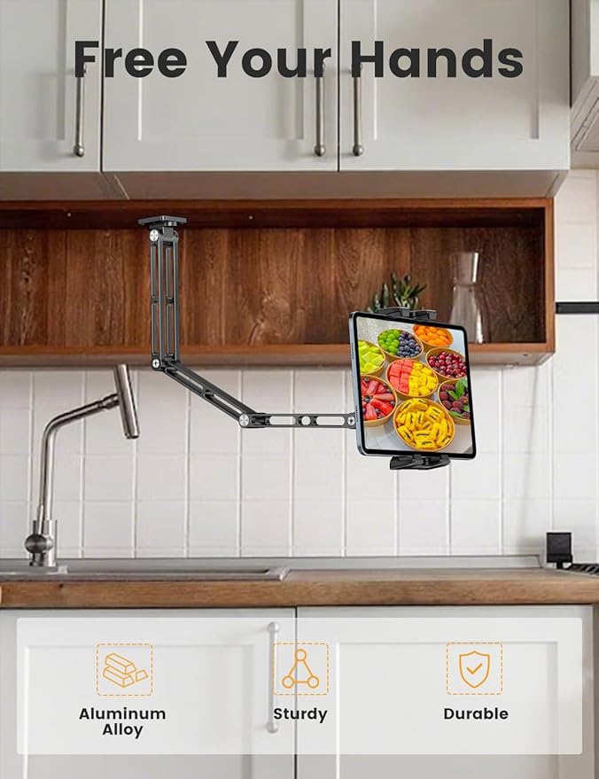 OHLPRO Aluminum Tablet Wall Mount Holder - 360° Adjustable & Extendable 3-Stage Arm for iPad Pro/Air/Mini, Galaxy Tab 5-13" | Heavy Duty Metal Stand for Kitchen, Office, Bedroom