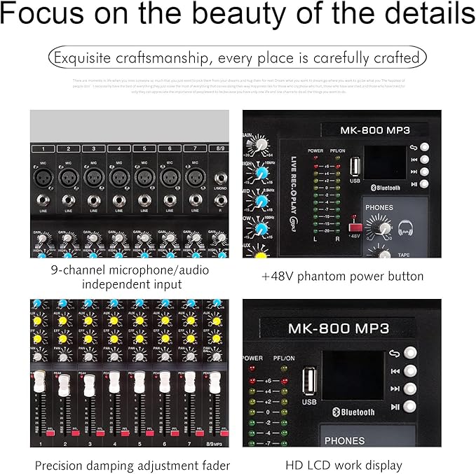G-MARK MK800MP3 Professional Audio Mixer Sound Board 8 Channels Mixing Console with MP3 Player +48V Phantom Power Digital USB Bluetooth Reverb DJ Mixer Audio for PC Karaoke Stage Studio Recording