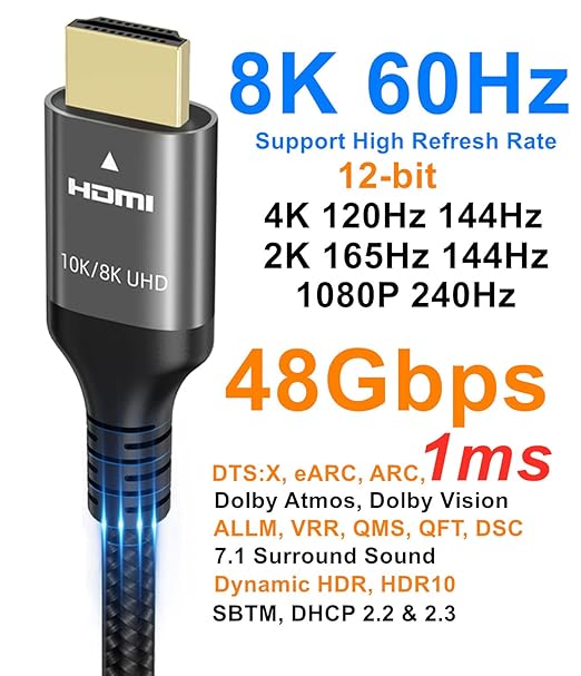 10K 8K 4K HDMI Cable 48Gbps 10 FT, Certified Ultra High Speed HDMI® Cable 4K 240Hz 144Hz 120Hz 8K60Hz 0.01ms HDR10+ eARC HDCP2.3 Netflix Roku TV PC Monitor Projector PS5 Xbox