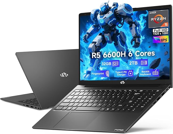 NIMO 15.6" IPS FHD-Gaming-Laptop, AMD Ryzen 5 6600H 6-Cores 660M GPU 32GB DDR5 RAM 2TB SSD(Beat i7-1165G7, Up to 4.5GHz) Computer with 100W GaN Type C Fingerprint Backlit Keyboard Win 11