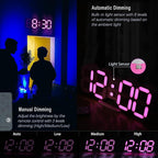 KOSUMOSU Pink LED Clock 3D Wall Clock 9.7" Table Clock for Living Room Modern Digital Clock for Bedroom Aesthetic Bedside Desk Clock with Remote/Dimming/12/24H/Temp/Alarm Clock/Date