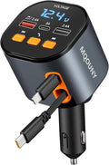 Retractable Car Charger,5 in 1 Fast Car Phone Charger 90W,Bluetooth 5.3 FM Transmitter Adapter,Handsfree Call,2 Retractable Cables and USB Cars Chargers for iPhone 15/14/13 (Black)
