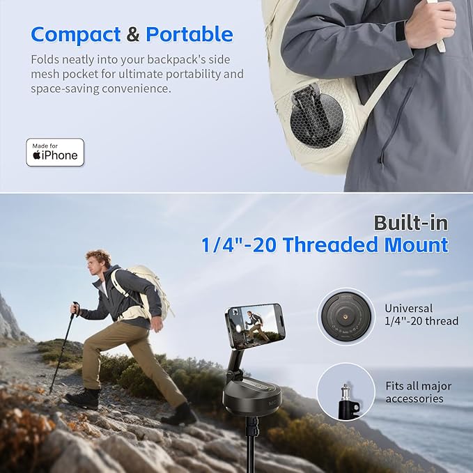 MOTA Tripod Stand Only for iPhone, 2 Axis Foldable iPhone Gimbal Stabilizer for Video Recording Megnetic Holder for Desk, 360 Degree Auto Face Tracking Cell Phone Tripod for Video and Facetime
