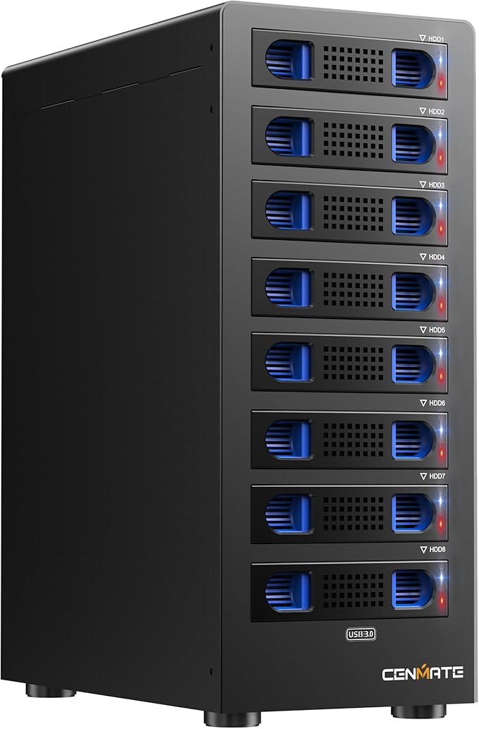 8 Bay Hard Drive RAID Enclosure with Cooling Fan for 2.5/3.5" SATA HDD/SSD with USB A/C 3.0＋eSATA Cable, 3.5 Hard Drive Enclosure Supports 160TB Capacity, 8 RAID Modes, DAS(NO NAS)