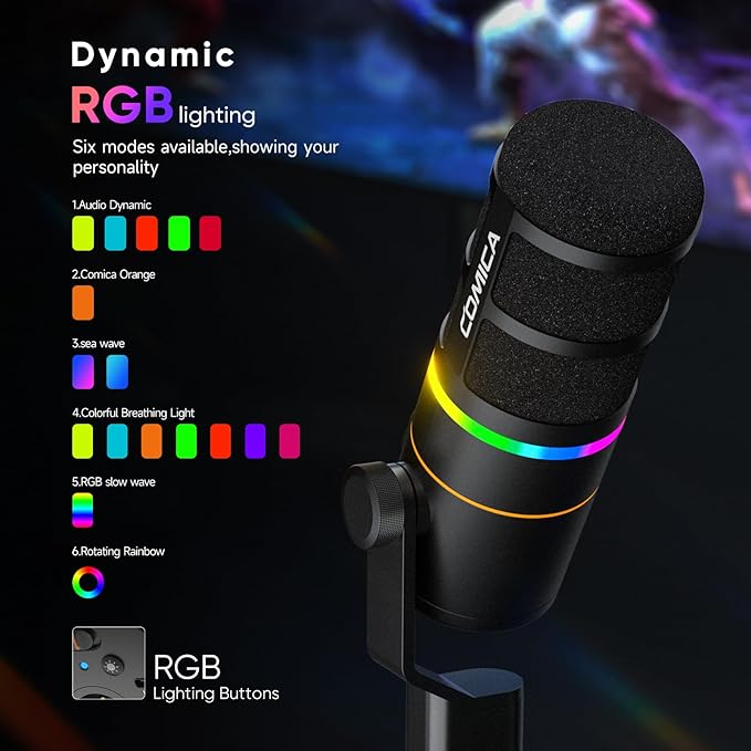 EJoy D10 PRO(D) Wireless USB Gaming Microphone – RGB Dynamic Mic with Wired/Wireless Modes, XLR/USB-C, Real-Time Monitoring, 45H Battery, Studio Mic for Gaming, Streaming, Podcast, Recording (Black)