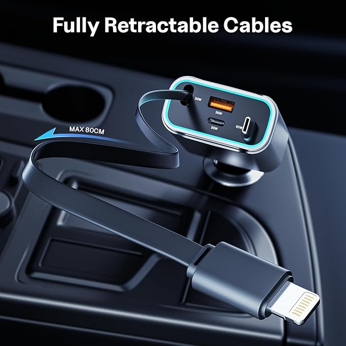 Retractable Car Charger USB C 131W 4-in-1 Fast Charging with 2 Retractable Cables Car Phone Charger Adapter for iPhone 16 15 14 13 Fast Charge Car Accessories, Gifts for Men Women