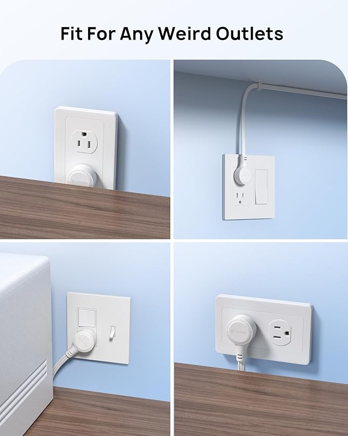 TROND 360° Rotating Flat Plug Extension Cord Surge Protector 15ft, Small Power Strip with 900 Joules, 3 Side Grounded Outlets, 13A, SPT 16/3 Gauge Wire, for Indoor Home Office Dorm Essentials, White