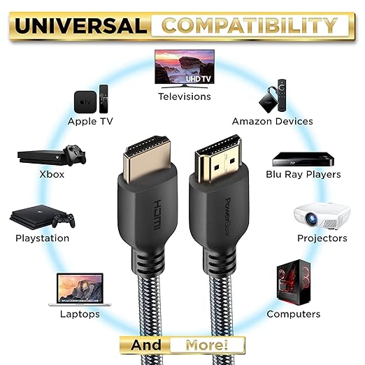 PowerBear 4K HDMI Cable 20 ft | High Speed Hdmi Cables, Braided Nylon & Gold Connectors, 4K @ 60Hz, Ultra HD, 2K, 1080P, ARC & CL3 Rated | for Laptop, Monitor, PS5, PS4, Xbox One, Fire TV, & More