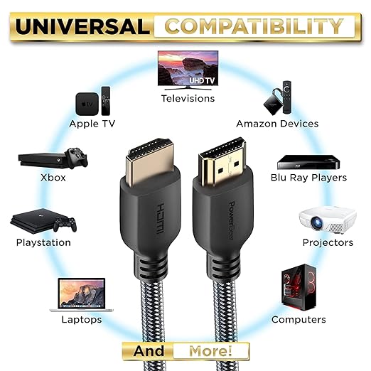 PowerBear 4K HDMI Cable 1 ft | High Speed, Braided Nylon & Gold Connectors, 4K @ 60Hz, Ultra HD, 2K, 1080P, ARC & CL3 Rated | for Laptop, Monitor, PS5, PS4, Xbox One, Fire TV, Apple TV & More
