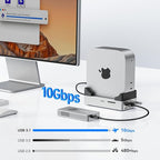 ANYOYO Mac mini M4 Dock and Stand, 10-in-1 Aluminum USB-C Hub with M.2 NVMe SSD Enclosure, 4K 60Hz Dual HDMI, 10 Gbps USB-C/A, 30W PD-in, Smart Fan Cooling, Wi-Fi Signal Friendly Design, Silver