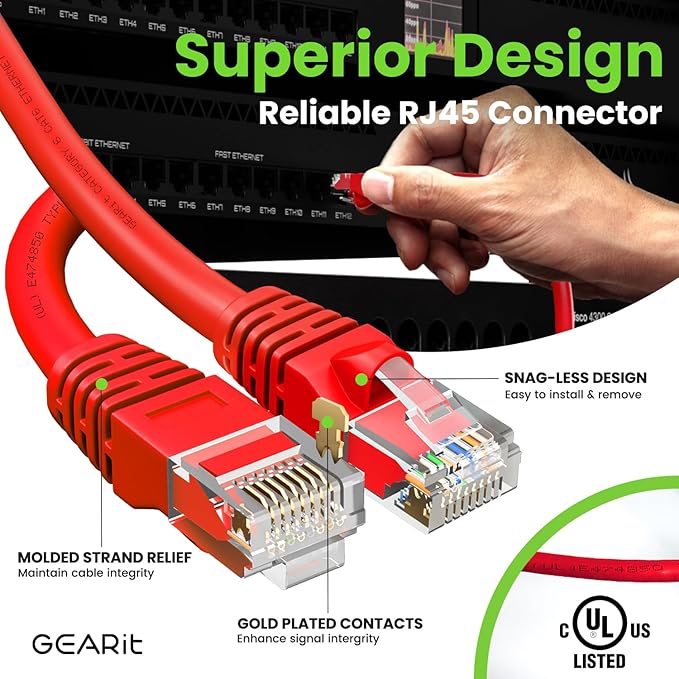 GEARit Cat 6 Ethernet Cable (1-Pack 50 Feet) Cat6 Network Patch, 10Gbps, RJ45, Snagless Cord, Gold-Plated Connectors, Internet for PC, TV, Tablet, Router, Printer, Servers, IT Data Center - Red