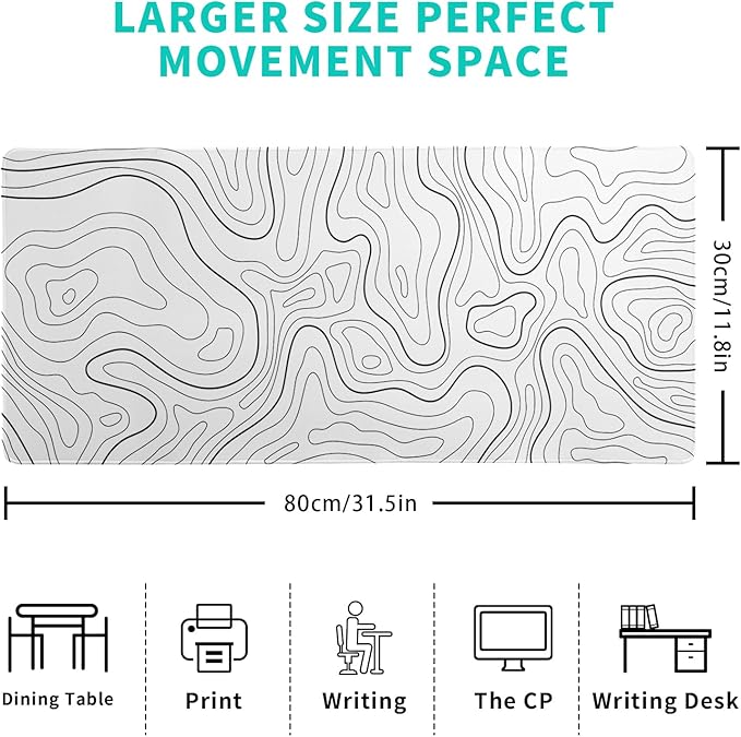 Topographic Contour White Gaming Mouse Pad XL Geographic Map Lines Extended Big Large Desk Mat Non-Slip Rubber Base Stitched Edge Long Keyboard Mousepad for PC Computer Laptop,31.5x11.8 Inch