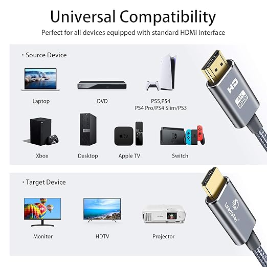 LEADSTAR HDMI Cable 4K 20 ft / 6m, High Speed HDMI 2.0 Cord Braided | 4K@60Hz, Ultra HD, 2160p, ARC, HDR, 3D, HDCP 2.2 | for Xbox, PS5, TV, Laptop, Monitor