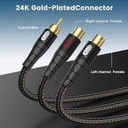 RCA Splitter Cable 1 Male to 2 Female Y Adapter with Copper Shell & 24K Gold-Plated Connector RCA Male to Dual RCA Female Extension Cord Black/1ft/0.3m