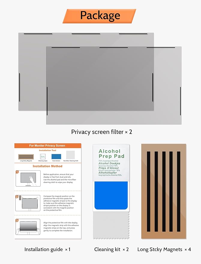 [2 Pack] 24 Inch 16:9 Magnetic Privacy Screen for Monitor Anti-Glare, Blue Light Filter, Anti-Spy Reusable Removable Privacy Filter for 16:9 Widescreen Desktop Display