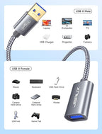 JSAUX 2Pack 6.56FT + 6.56FT USB 3.0 Extension Cable, Type A Male to Female USB Extender Cord Nylon Braided Compatible with Webcam, Camera, Phone, USB hub, Mouse, Keyboard, Printer, Hard Drive - Grey