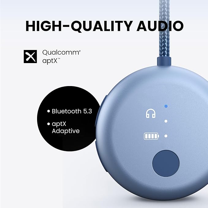 Avantree SoundJet R1 – Airplane Bluetooth Adapter for Headphones & AirPods, aptX Adaptive, Qualcomm Chipset, 20H Battery, Wireless Audio Transmitter for in-Flight Travel Essentials - Sky Blue