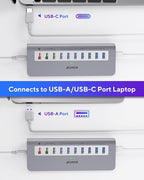 Powered USB Hub 10Gbps, 10 Ports USB 3.1 Gen 2 Hub Power Multiport USB Splitter USB Extender (7 USB 3.1 Data Port and 3 Fast Charging Port) with 36W Power Adapter, for Desktop/USB-A&USB-C Laptop/PC