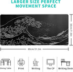 Japanese Gaming Mouse Pad Abstract Black Mouse Pad 31.5x11.8 Inch Black Sea Wave Texture Non-Slip Rubber Base Large Ocean Mousepad Stitched Edges Keyboard Mouse Mat Desk Pad for Office and Home