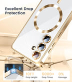 Slim Thin for Samsung Galaxy S25 Plus Case, Compatible with MagSafe, Built-in Camera Lens Protector, Shockproof Protective Phone Case, Soft Electroplated Clear Cover, Gold