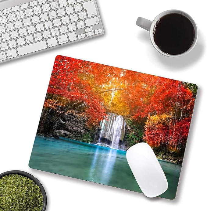 Mouse Pad, Natural Landscape Mouse Mad, Square Waterproof Mouse Pad Non-Slip Rubber Base MousePads for Office Laptop, 9.5"x7.9"x0.12" Inch(Waterfall in Autumn Forest)