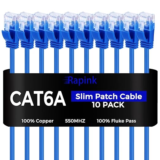 Rapink Patch Cables Cat6a 0.5ft (10 Pack) Slim, Cat6a Ethernet Patch Cable 10G Support, Snagless Cat 6 Patch Cable for Patch Panel to Switch, Flexiable Cat 6a Ethernet Cable with Gold Plated