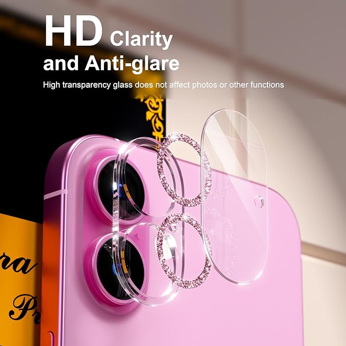 beuxece for 6 Pack iPhone 16 / iPhone 16 Plus Camera Lens Protector [Drop Protection] [Case Friendly] [Easy Installation] 9H Tempered Glass Camera Screen Protector Cover Accessories, Glitter Pink