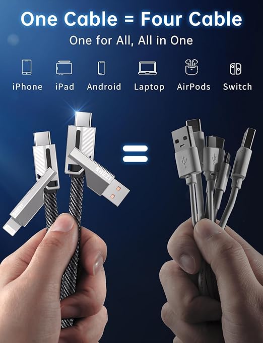 [One is Enough] 4-in-1 Compatible with USB C to Lightning Cable, 45W High-Speed Charging & Fast Data Transfer,CarPlay & Android Auto Support Multi Charger Cord Combo for iPhone/Samsung/iPad,10FT