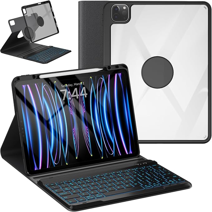 OYEEICE Keyboard Case for iPad Pro 12.9 inch 6th Gen 2022, 5th 2021, 4th 2020, Rotating Detachable Clear Cover with 7 Colorful Backlit Keyboard Wireless, Pencil Holder, Auto Wake/Sleep - Black