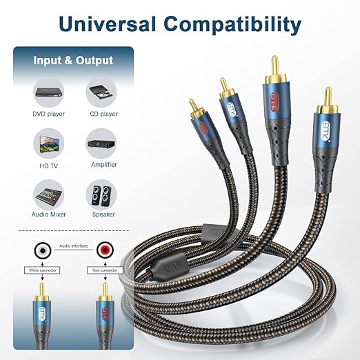 RCA Cable Subwoofer Cable 2RCA Male to 2RCA Male Stereo Audio Cable Y Splitter 24K Gold-Plated Nylon Braided Double Shielded Digital Analogue Supports Amplifiers,Home Theater,Hi-Fi System(6.6ft/2m)