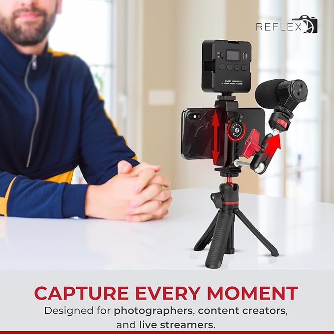 REFLEX CAMERA Metal Mobile Phone Tripod Mount, 360° Rotatable with Cold Shoe Mount, Universal Smartphone Attachment Clamp, 1/4" & 3/8" Mounting Screw Holes, Arca Swiss compatible Base Plate for iPhone