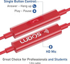 LUDOS OMNITONE Wired Earbuds in-Ear Headphones, 5 Years Warranty, Earphones with Microphone, 3.5 mm Jack Corded Ear Buds, Videoconference for iPhone, Samsung, Laptop, Kids, School Students - Red