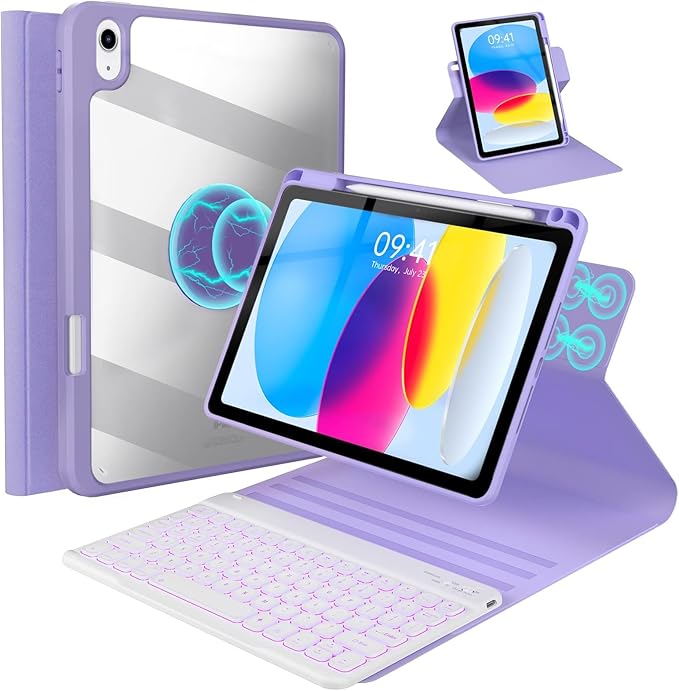 BLUTLOTUS for iPad 11th (A16) 10th Generation Case with Keyboard (2025/2022) - 360° Rotatable Magnetic Folio Cover, 7 Color Backlit Detachable Keyboard with Pencil Holder (Purple)