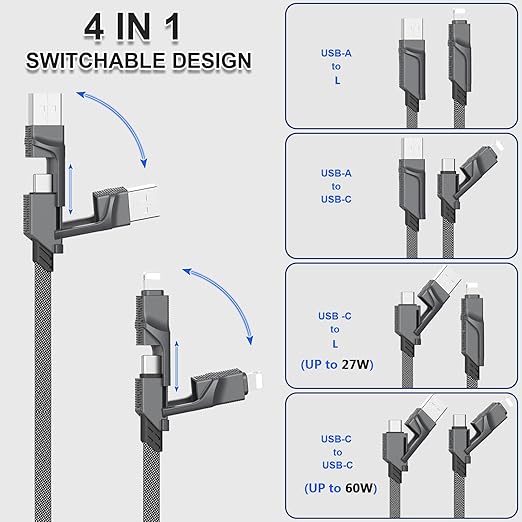 2Pack 4 in 1 USB C Cable for Lightning Cable [60W Fast Charging], 3FT Flat Braided USB C to USB C Charger Cord with L/Dual Type C/USB A Multi Port for iPhone 16 15 14 Pro Max/Samsung/i-Pad/Mac Book
