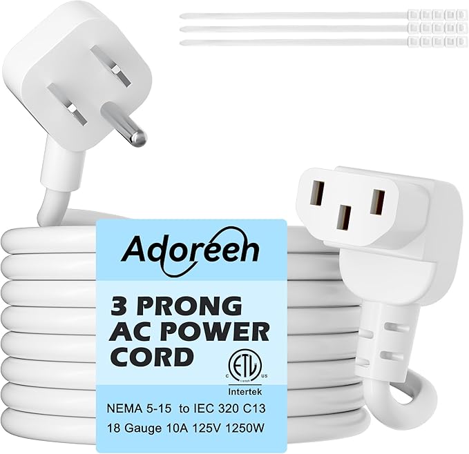 Adoreen 10 Ft Computer TV Replacement Power Cord White, Low Profile Flat Plug to 90 Degree Angled L-Shaped 18AWG 3-Prong AC Universal Power Supply Cable for Printer, PC, Monitor TV LCD, ETL+Ties