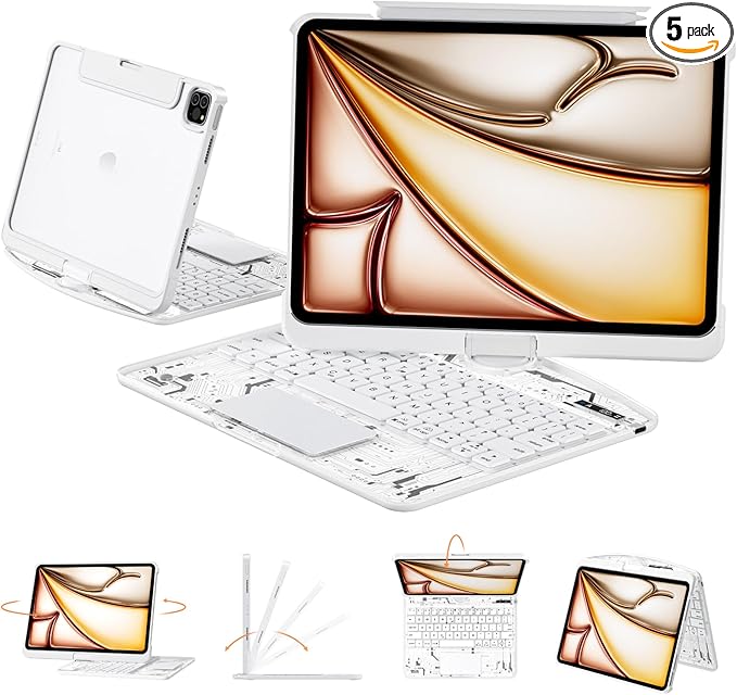 Transparent Case with Keyboard for iPad Air 13 Inch (M3/M2, 2025/2024), iPad Pro 12.9 Inch (6/5/4/3 Gen),7-Color Backlit,Magic Wireless Keyboard, 360°Rotating,with trackpad,Pencil Holder,White