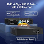 8 Port Gigabit PoE Switch with 2 Uplink Gigabit Ports, VIMIN 10 Port Unmanaged Ethernet PoE Switch with 120W Power, Support IEEE802.3af/at, VLAN, Metal Housing, Desktop or Wall-Mount, Plug & Play