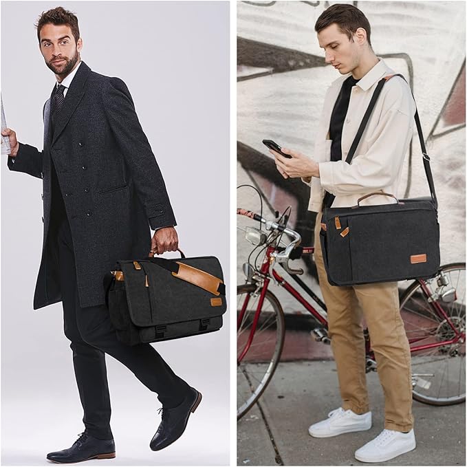 ESTARER Men Messenger Bag 15.6 inch, Water-resistant Canvas Computer Work Bag, Laptop Shoulder Bag Briefcase Satchel, Dark Grey