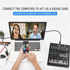 Dj Mixers, 4 Channel Audio Mixer, Sound Board with Bluetooth Player, Usb Audio Interface with 48V Phantom Power, Sounds Mixer Board with 99 DSP FX Reverb Delay Effect