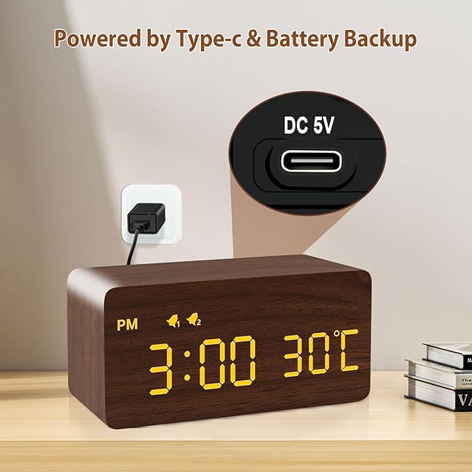 MOSITO Digital Wooden Alarm Clock with Wireless Charging, 0-100% Dimmer, Dual Alarm, Weekday/Weekend Mode, Snooze, Wood LED Clocks for Bedroom, Bedside, Desk, Kids (Brown)