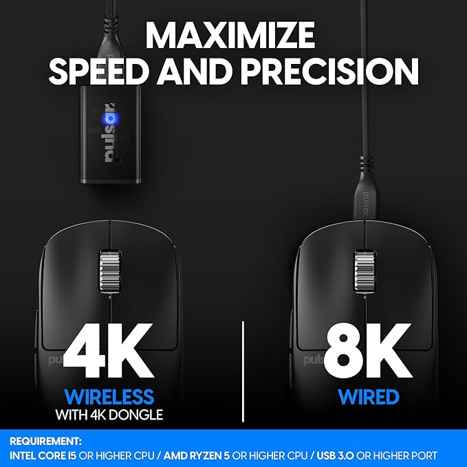 Pulsar Gaming Gears - X2H ES Wireless Gaming Mouse, Symmetrical, Optical Switch, OLED Display, Driverless, PAW3395 Sensor, 100H Battery, 4K dongle Included (Medium, Black)